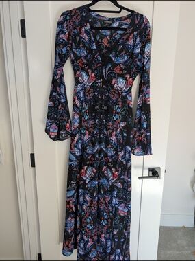 Express Black Paisley V-Neck Long Sleeve Maxi Dress with Blue and Pink Accents